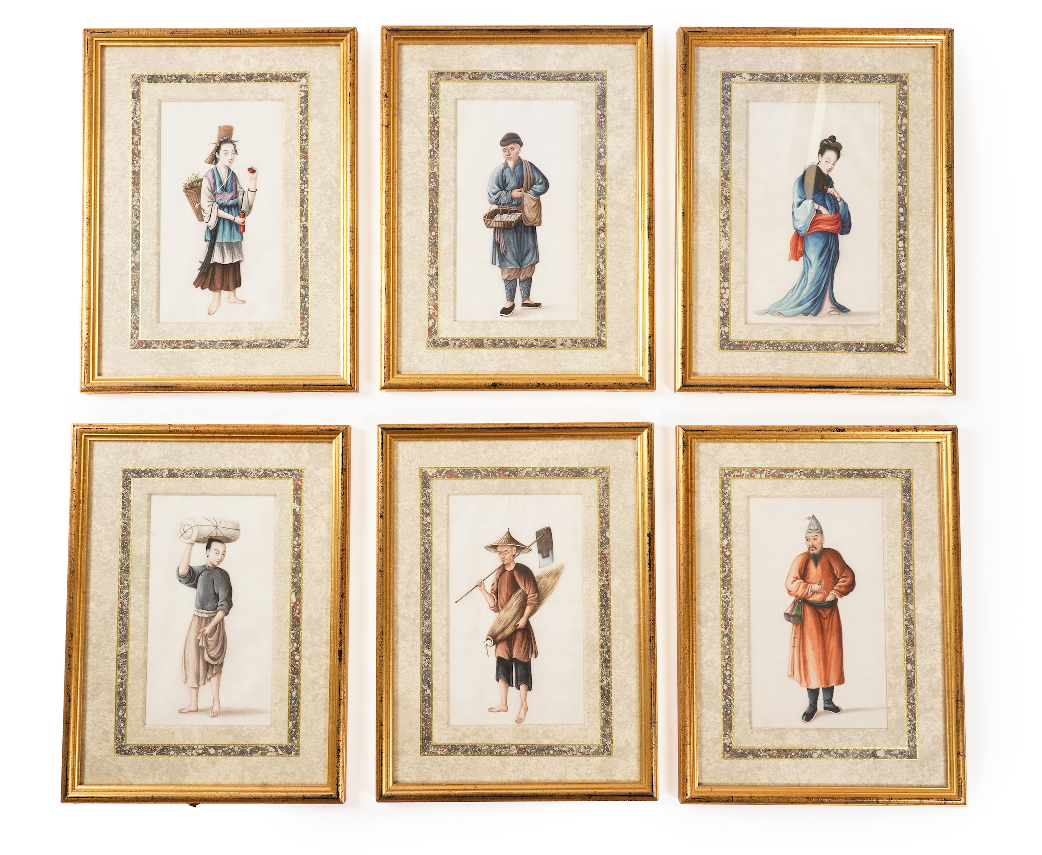 Circle of Youqua , Chinese (Mid 19th century), Street vendors, A set of six watercolours on pith paper, Image 23cm x 12.2cm